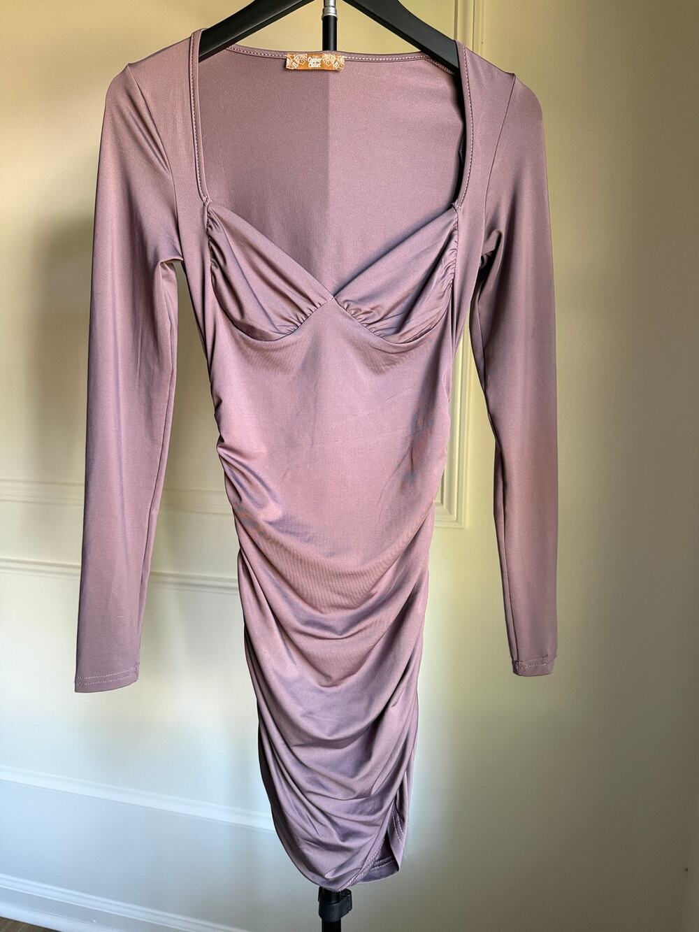 Mauve Ruched Bodycon Mini Dress Long Sleeve Bustier Corset Going Out Small